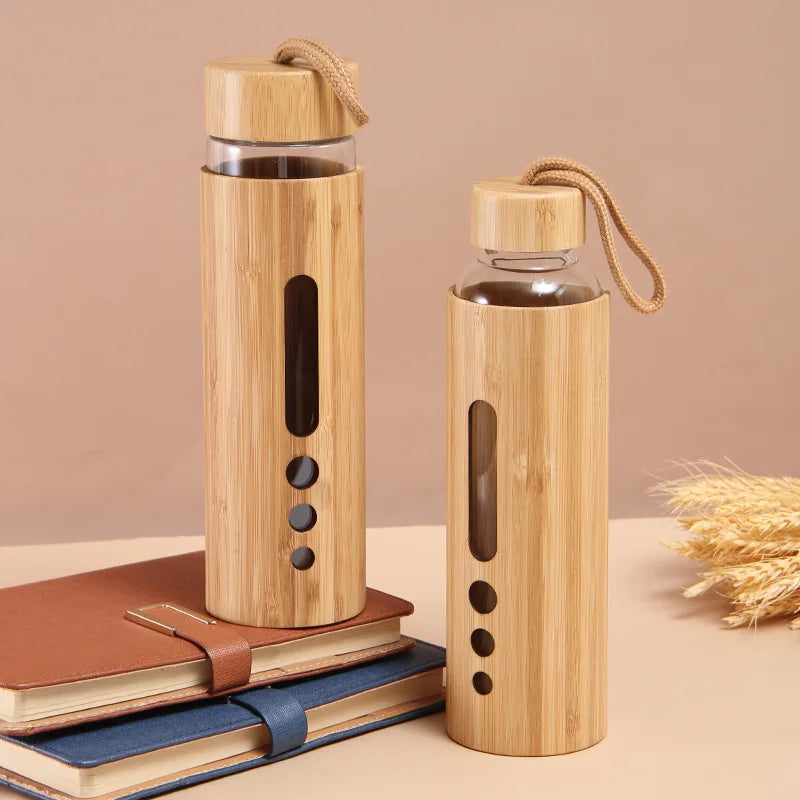 Eco Friendly 500ml Glass Water Bottle with Heat Proof Bamboo Sleeve