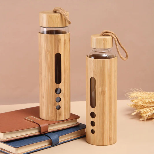 Eco Friendly 500ml Glass Water Bottle with Heat Proof Bamboo Sleeve